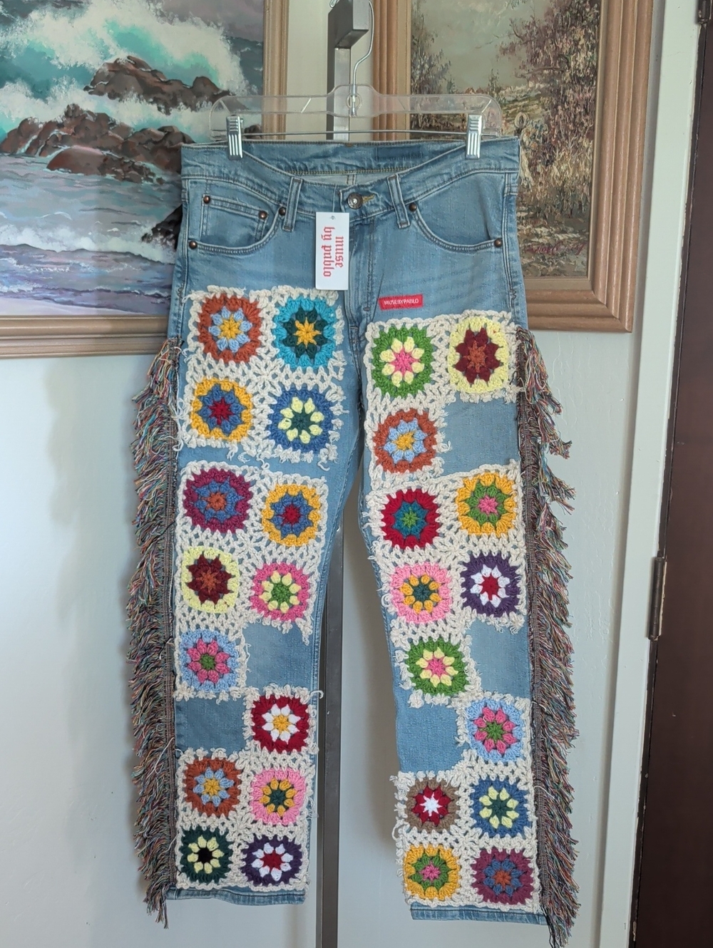 Light Blue Crochet Patchwork Straight-Leg Jeans with Fringe